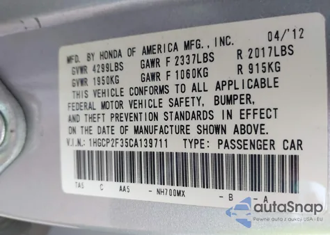 2012 Honda Accord 2.4 Lx z USA, uszkodzony, nr VIN 1HGCP2F35CA139711